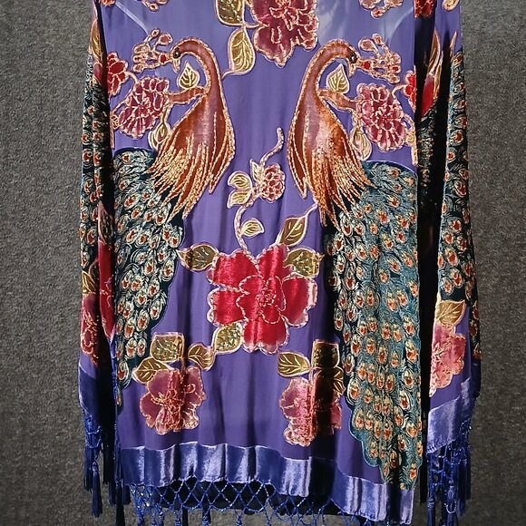 Embroidered Peacock Velvet Kimono Jacket with Beaded Fringe Hem - Picture 3 of 7